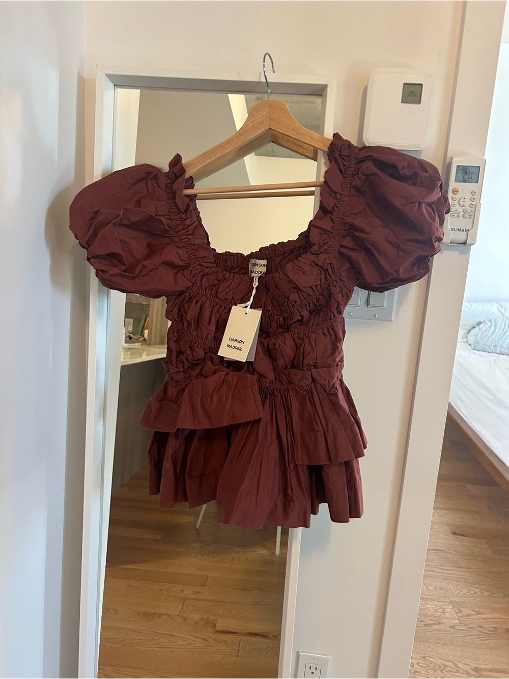 Smocked Puff-Sleeve Peplum Blouse — Deep Burgundy